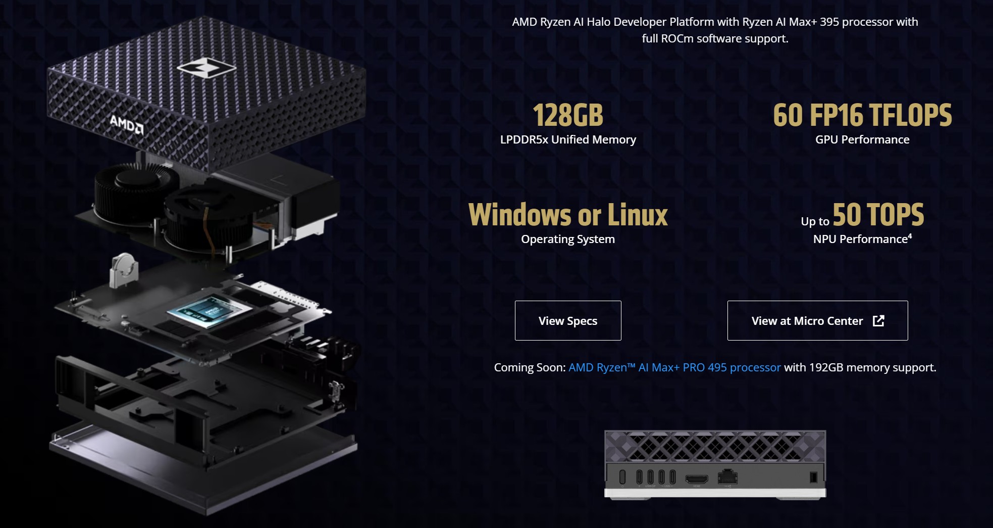 AMD's product page for the Ryzen AI Halo Developer Platform: an exploded view of the mini PC with callouts for 128GB LPDDR5x unified memory, 60 FP16 TFLOPS, Windows or Linux, and up to 50 TOPS NPU performance