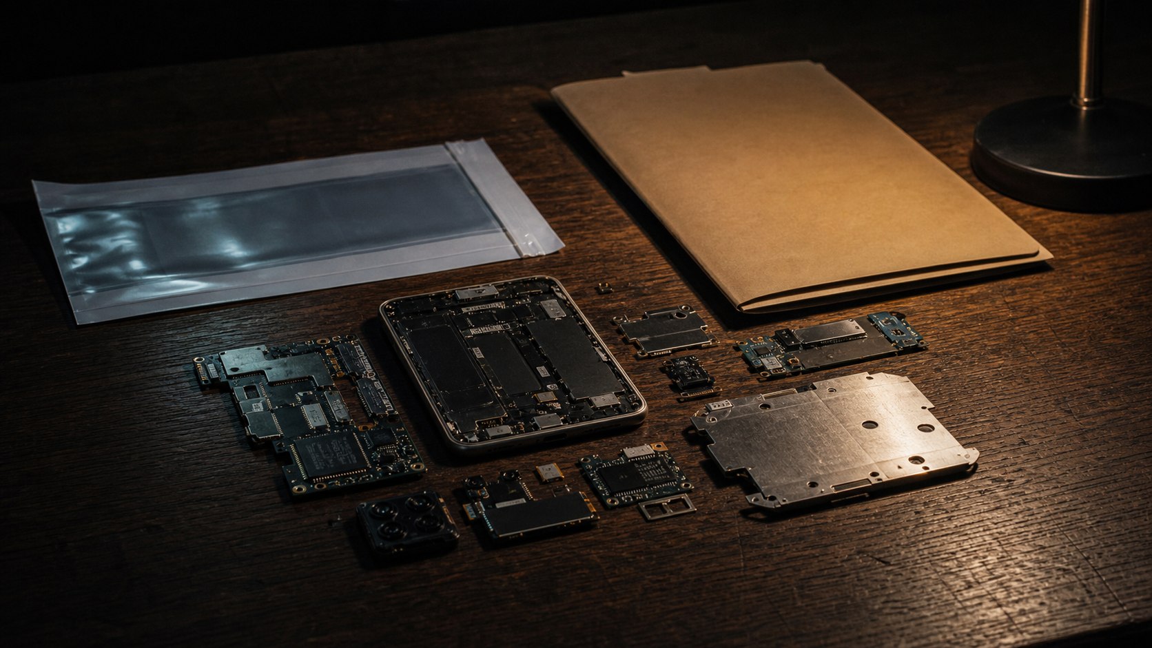Disassembled unbranded smartphone prototype parts arranged beside an evidence sleeve and document folder on a dark workbench