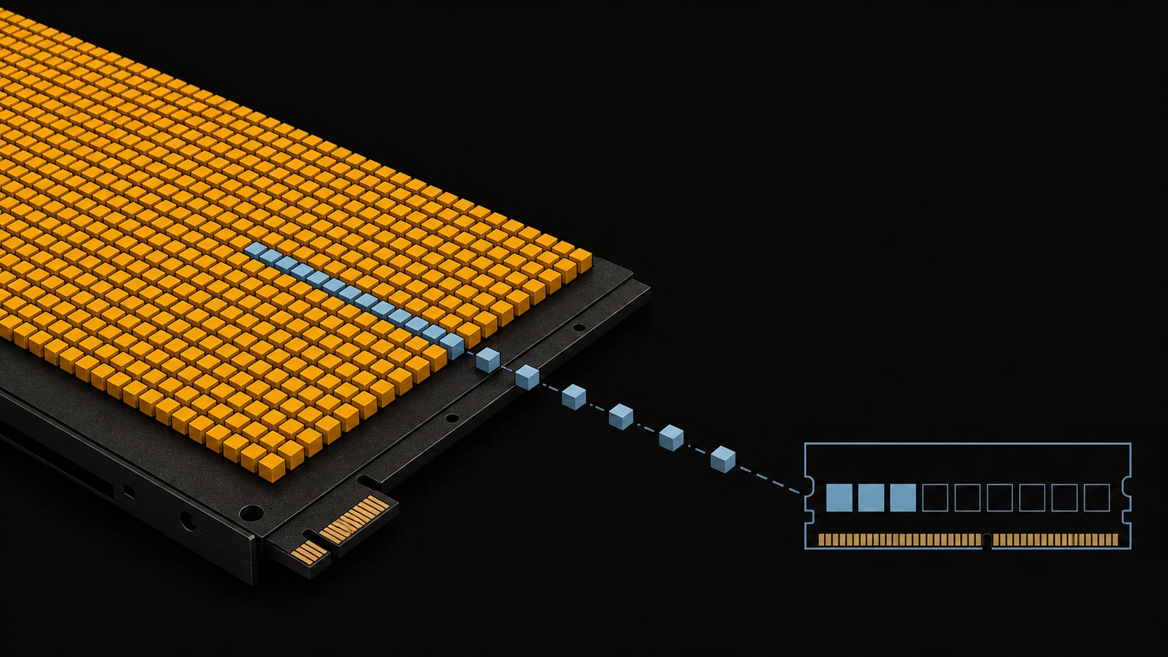Hundreds of amber expert blocks on an NVMe drive with a selected steel-blue path streaming toward a RAM module