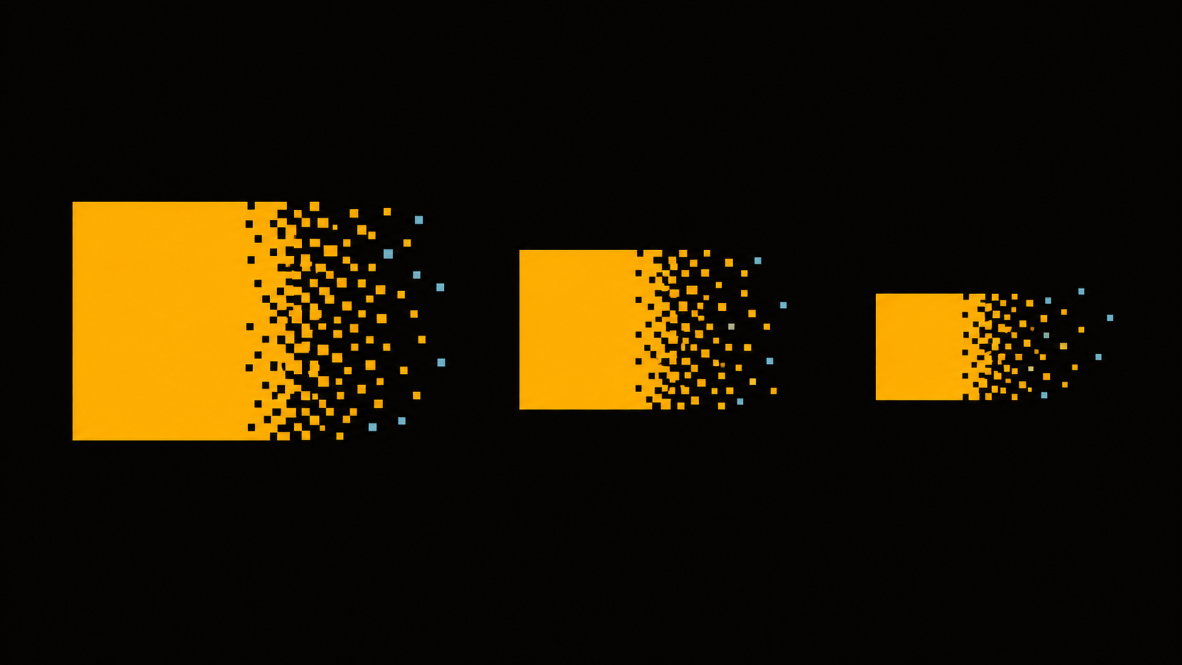 Three amber squares of descending size on a black background, each dissolving into scattered pixel blocks at its right edge