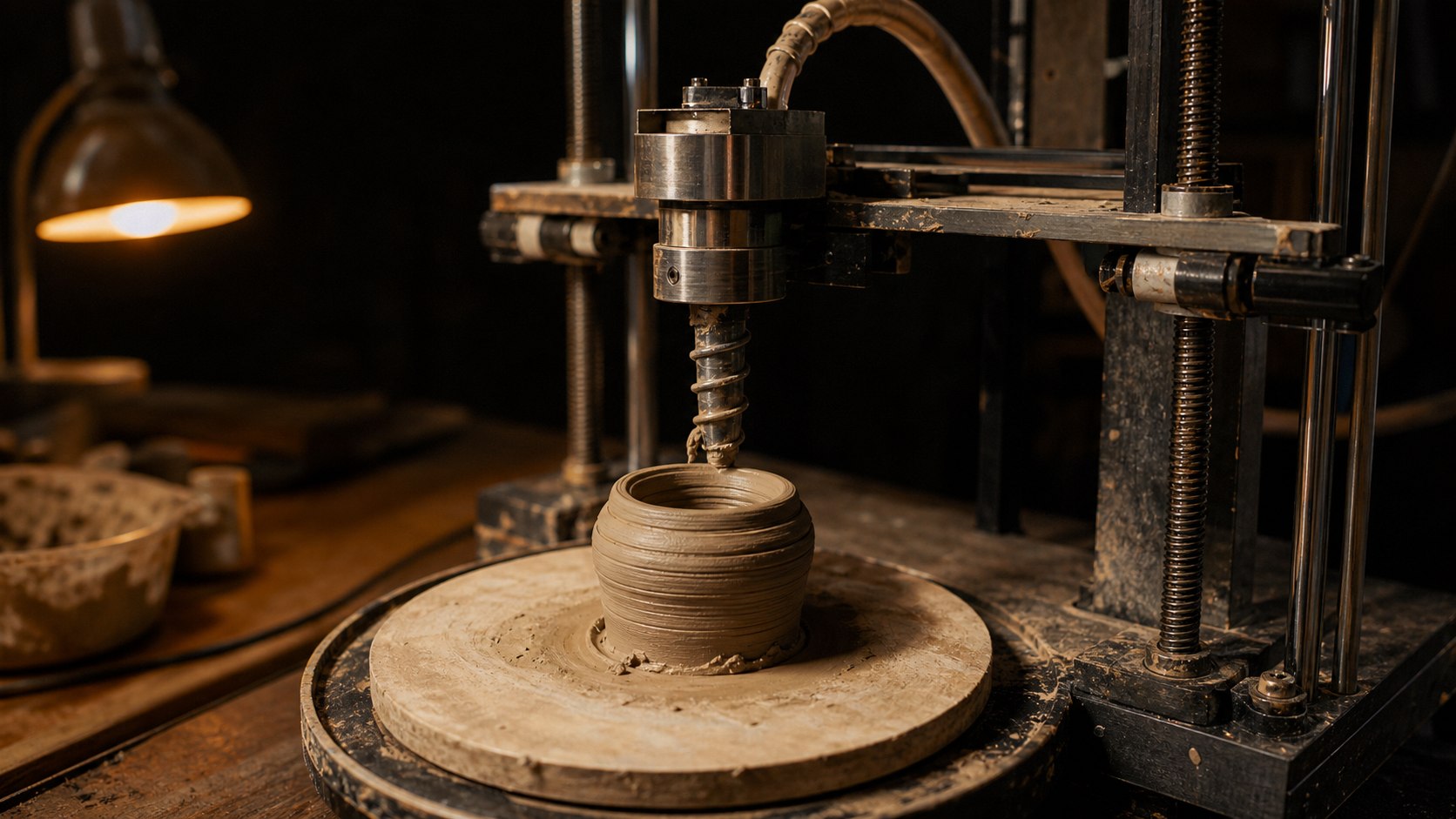 A custom clay 3D printer extruding wet clay coils into a small vessel on a circular bed under warm task lighting