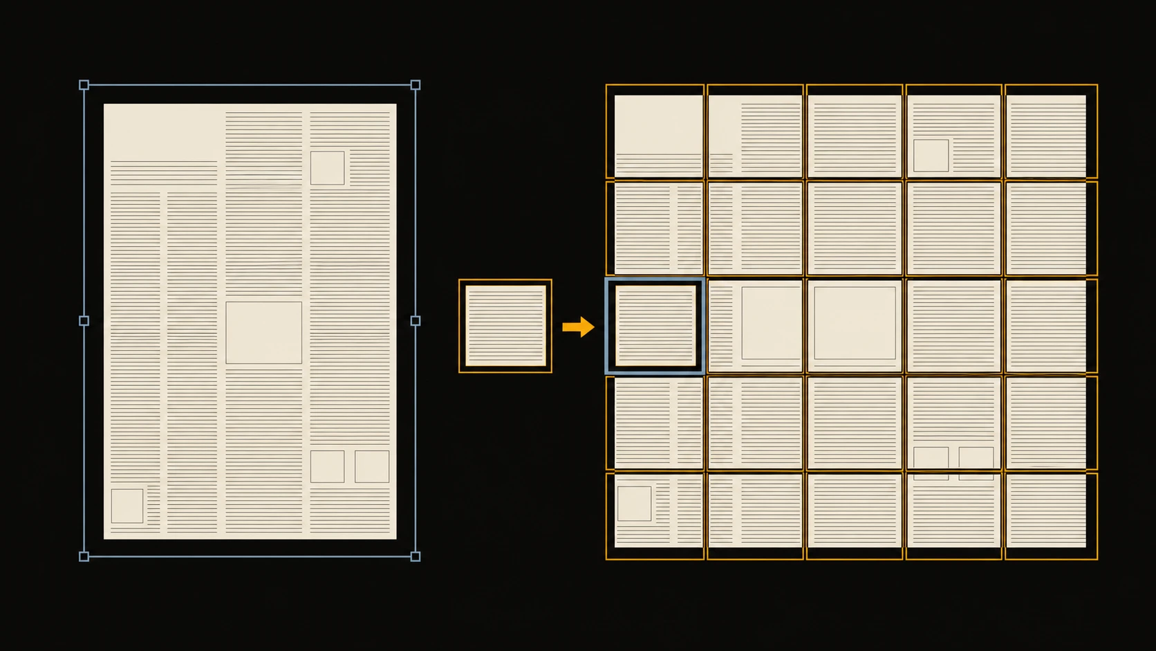A multi-column document split into an amber grid of image tiles, with one missing tile snapping into a steel-blue outline