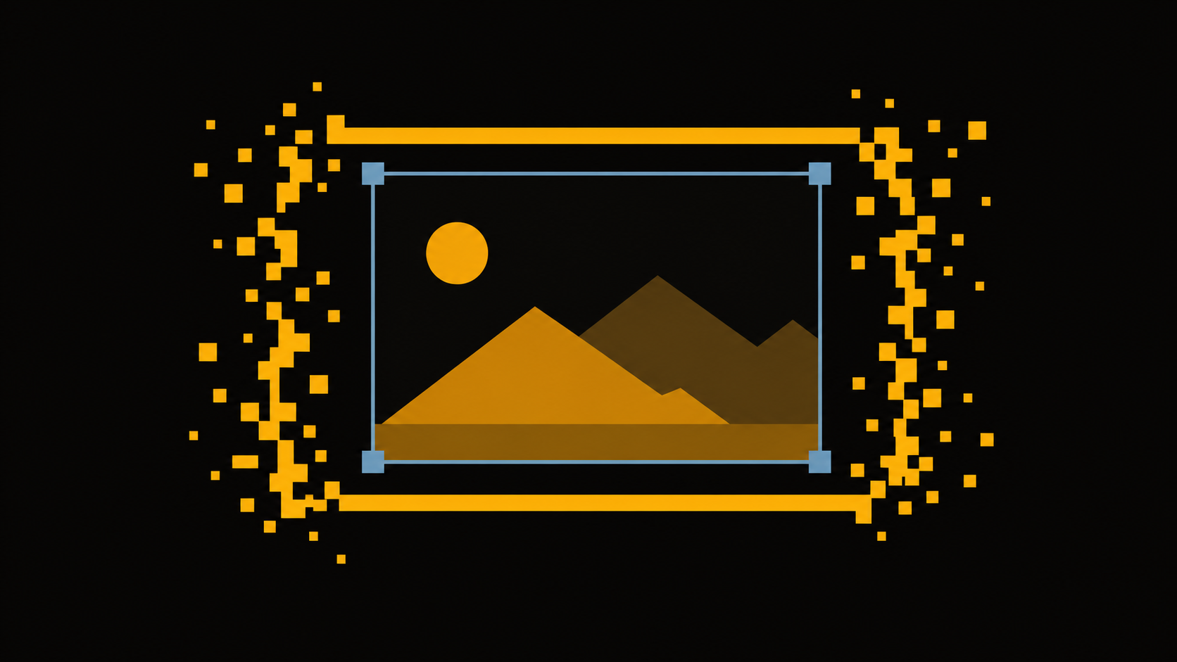 An amber image frame breaking into square blocks as a steel-blue crop frame cuts across it on a warm-black background