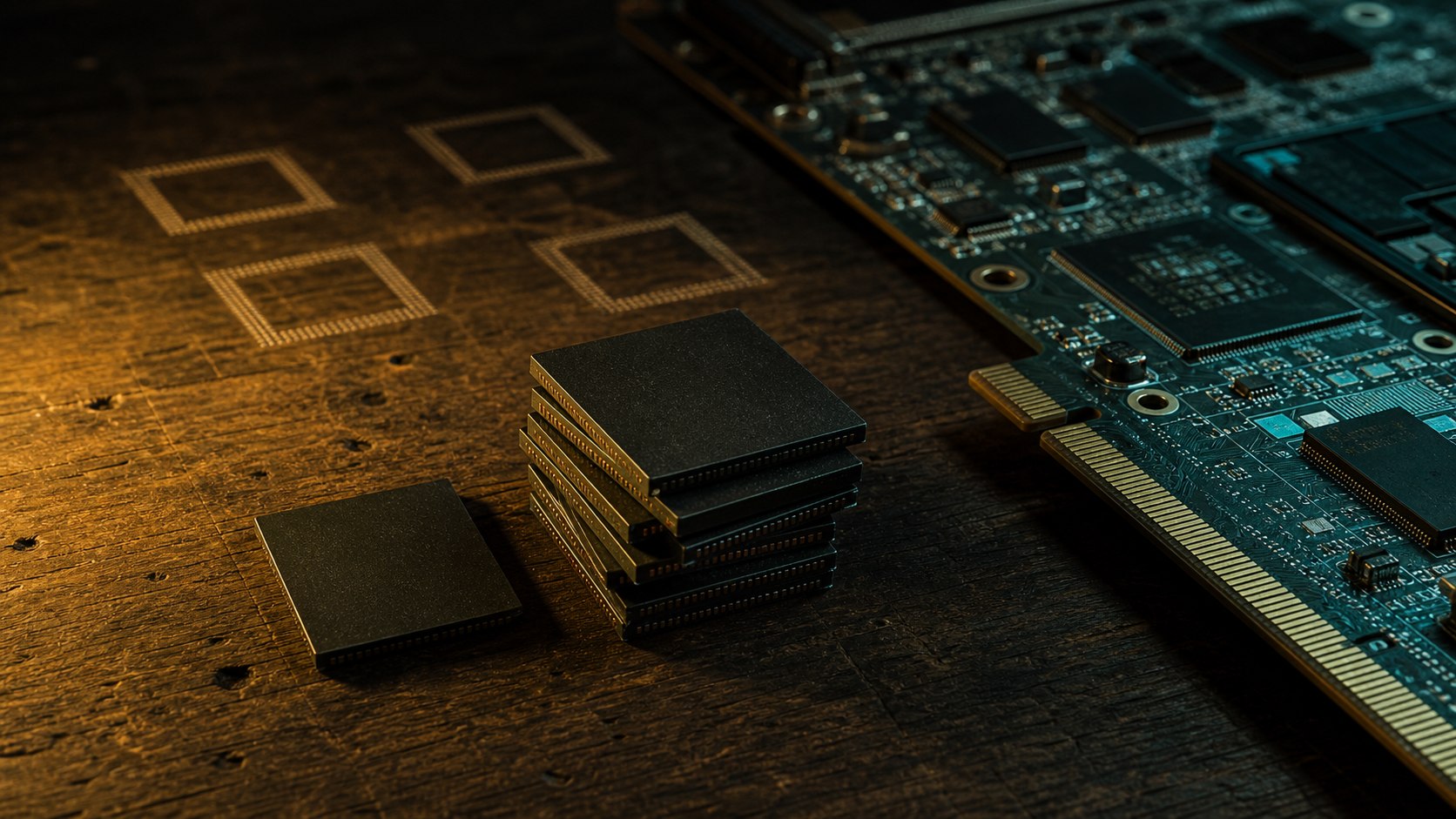 Generic stacked memory chips beside an unbranded GPU on a dark workbench under amber task lighting